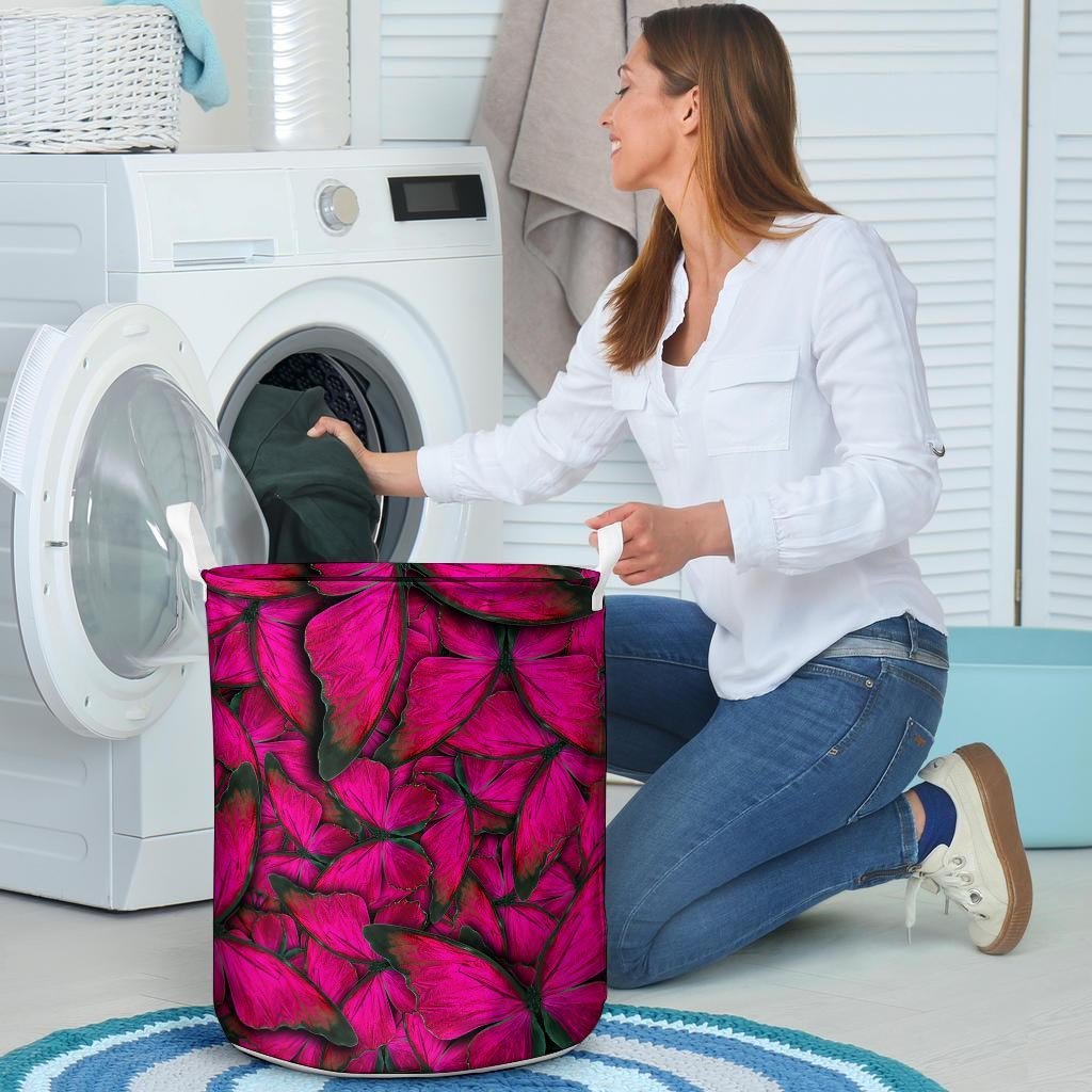 Black Pink Butterfly Print Laundry Basket-grizzshop