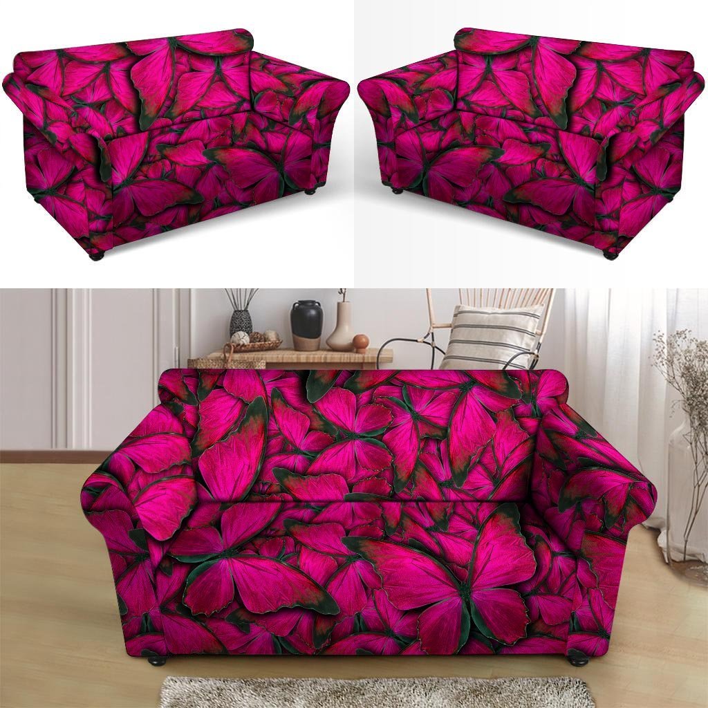 Black Pink Butterfly Print Loveseat Cover-grizzshop