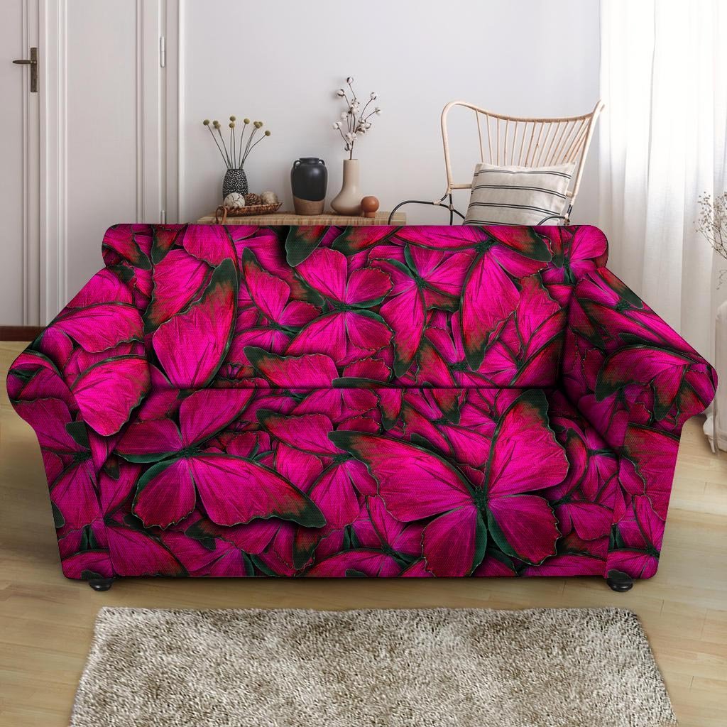 Black Pink Butterfly Print Loveseat Cover-grizzshop