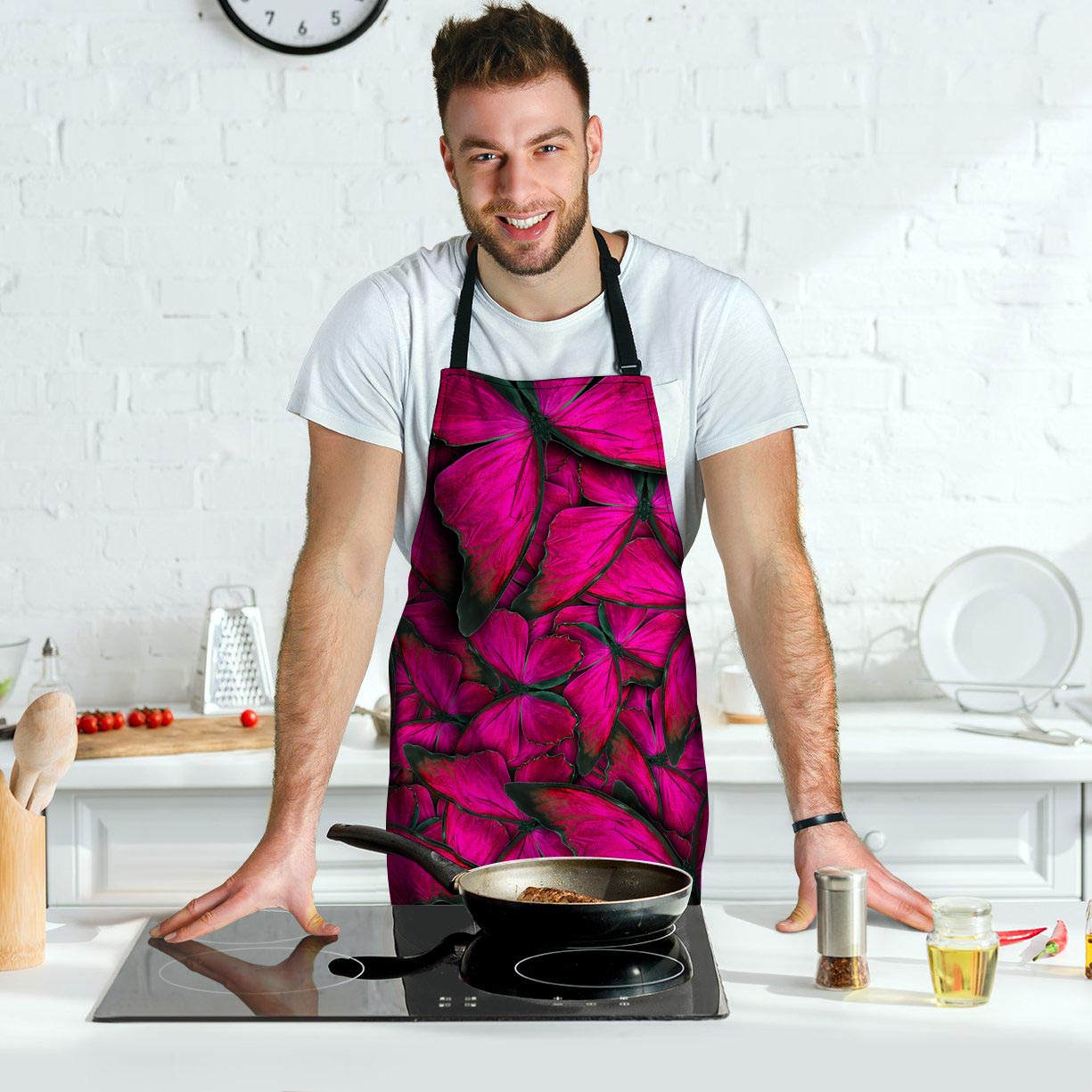 Black Pink Butterfly Print Men's Apron-grizzshop