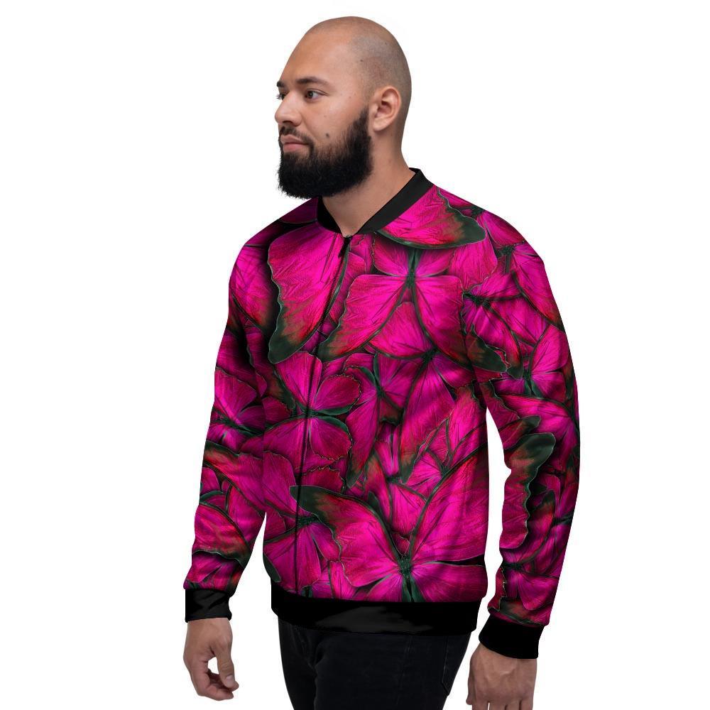 Black Pink Butterfly Print Men's Bomber Jacket-grizzshop