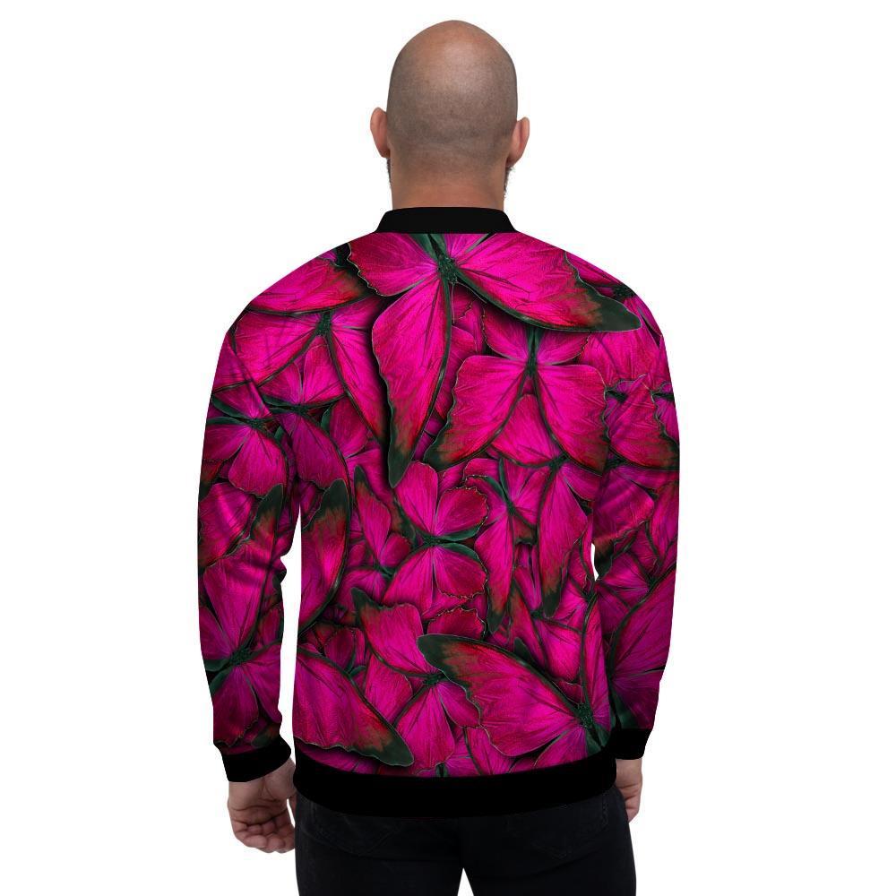 Black Pink Butterfly Print Men's Bomber Jacket-grizzshop