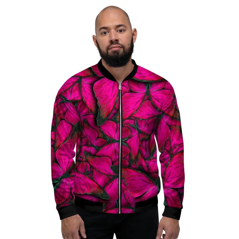 Black Pink Butterfly Print Men's Bomber Jacket-grizzshop