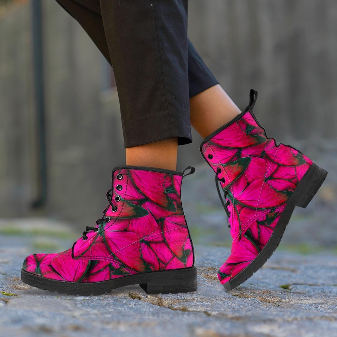 Black Pink Butterfly Print Men's Boots-grizzshop