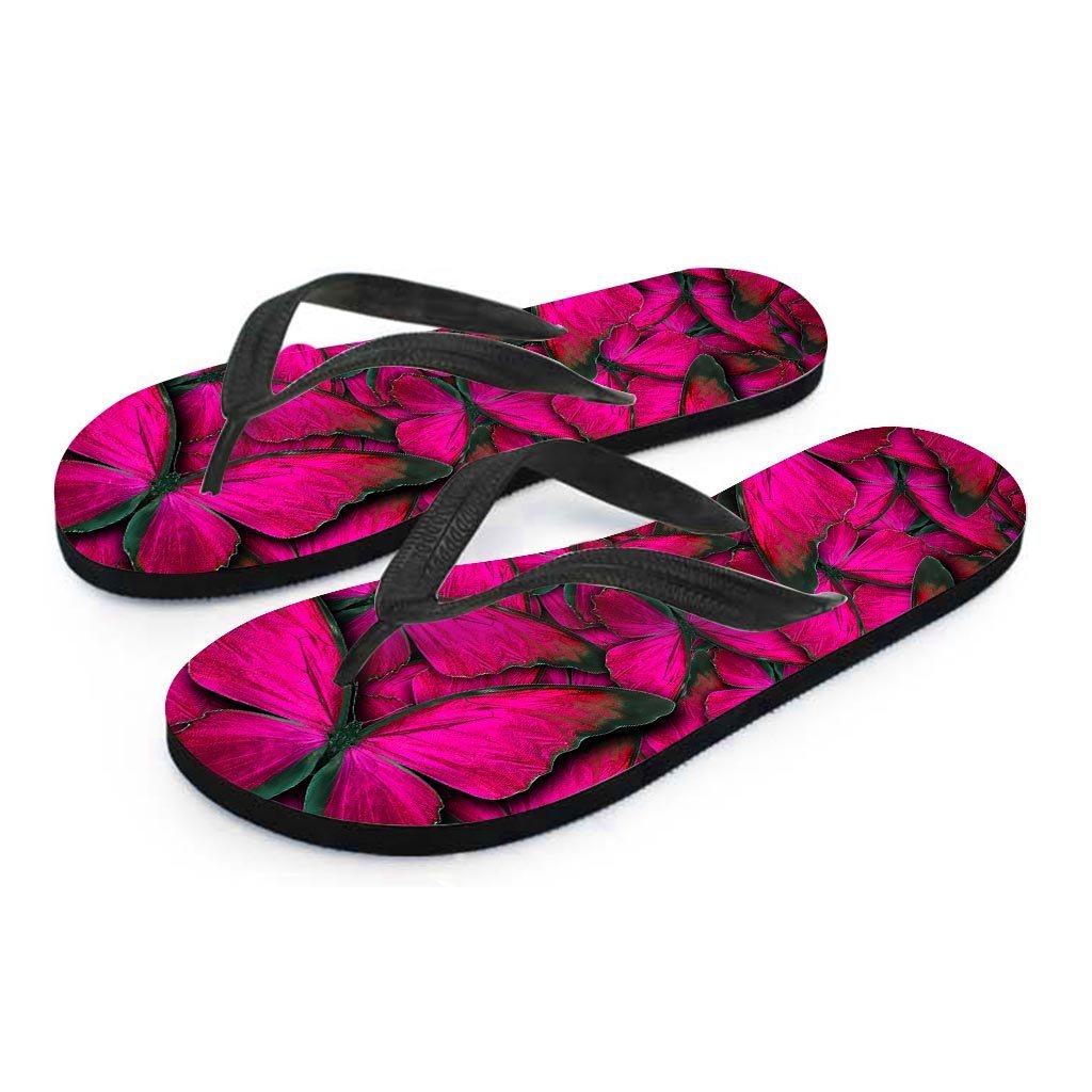 Black Pink Butterfly Print Men's Flip Flops-grizzshop