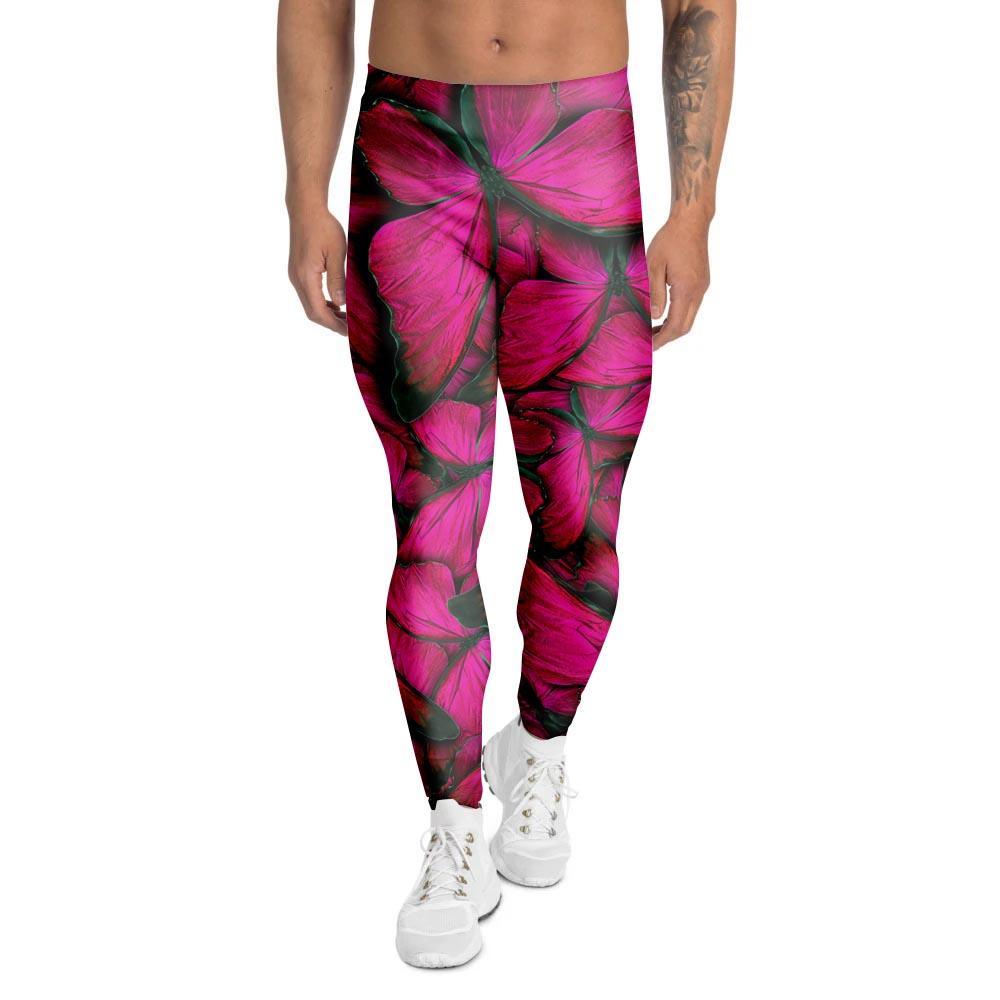 Black Pink Butterfly Print Men's Leggings-grizzshop