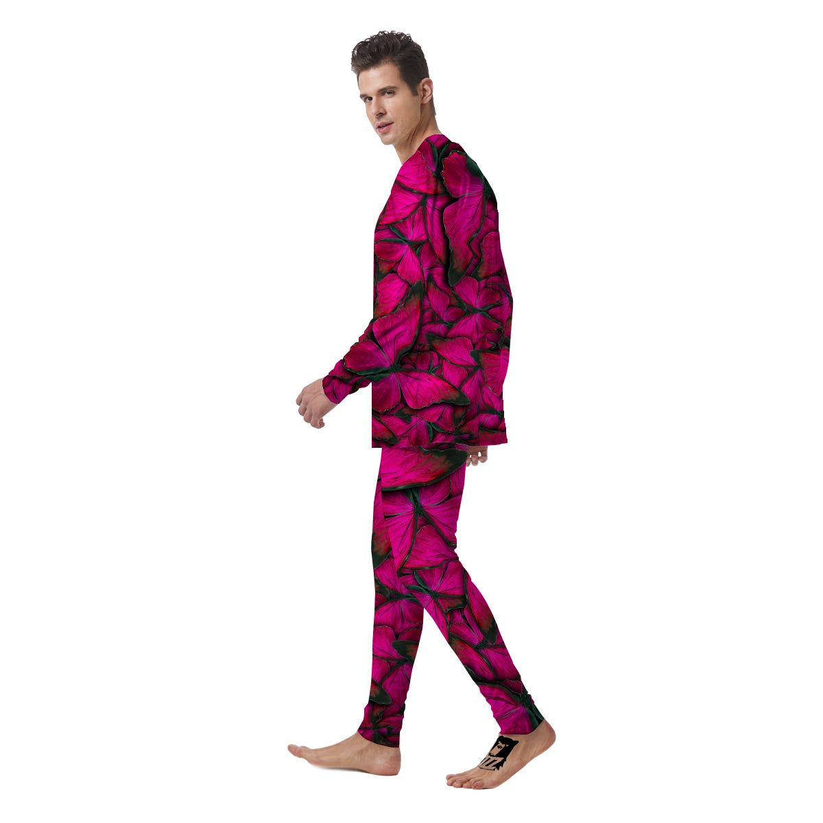 Black Pink Butterfly Print Men's Pajamas-grizzshop