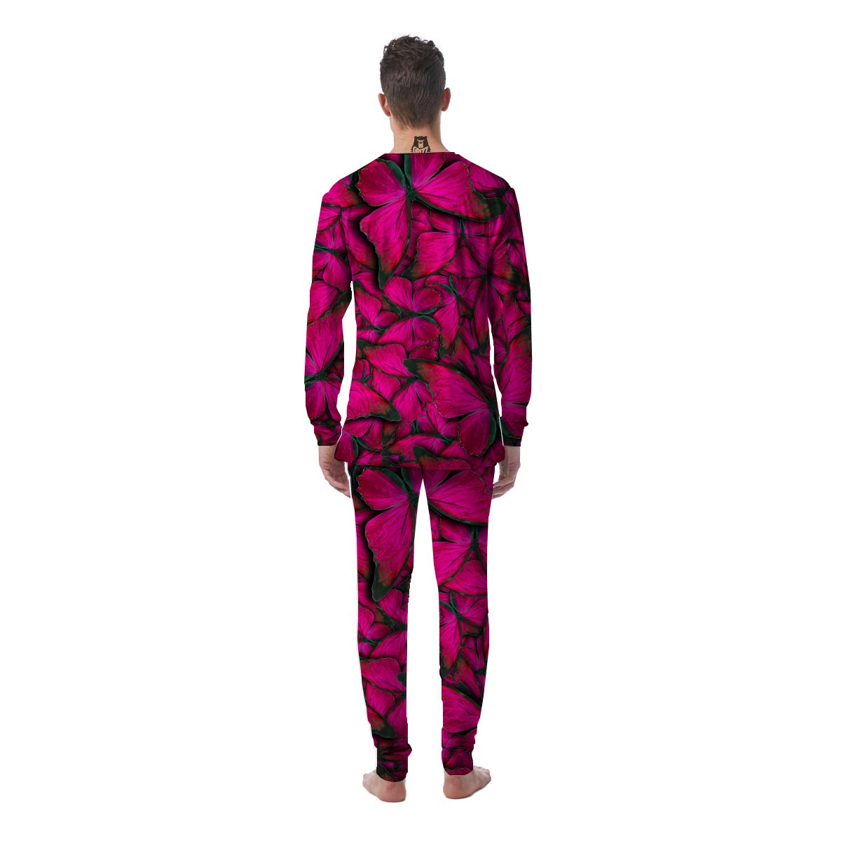 Black Pink Butterfly Print Men's Pajamas-grizzshop