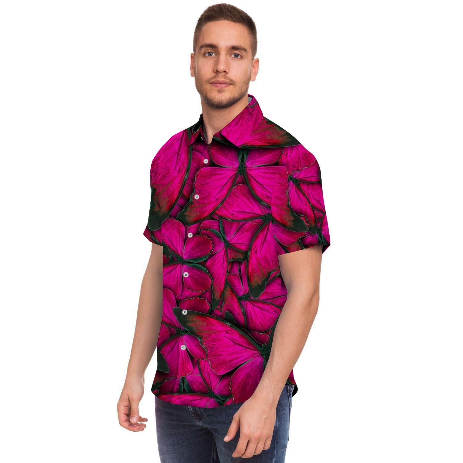 Black Pink Butterfly Print Men's Short Sleeve Shirt-grizzshop