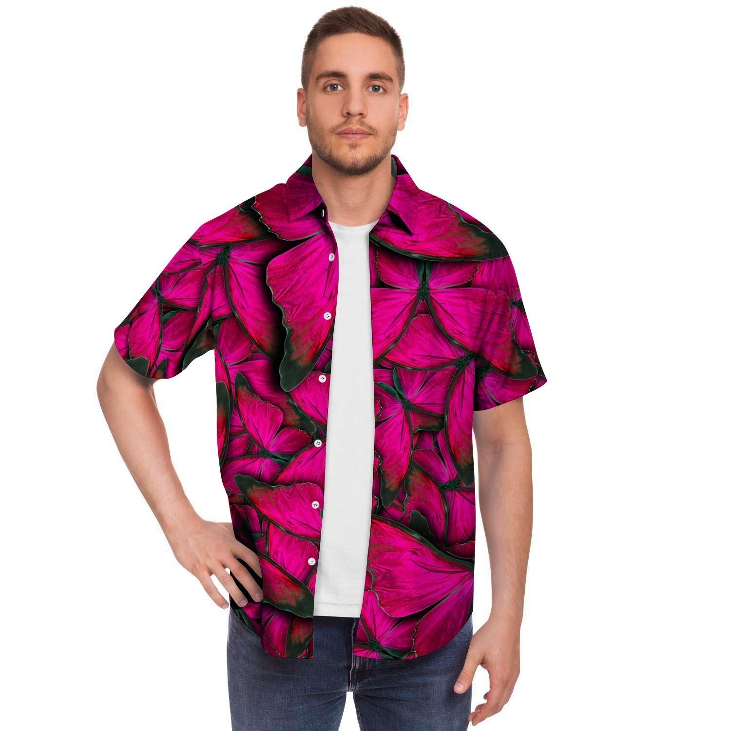 Black Pink Butterfly Print Men's Short Sleeve Shirt-grizzshop