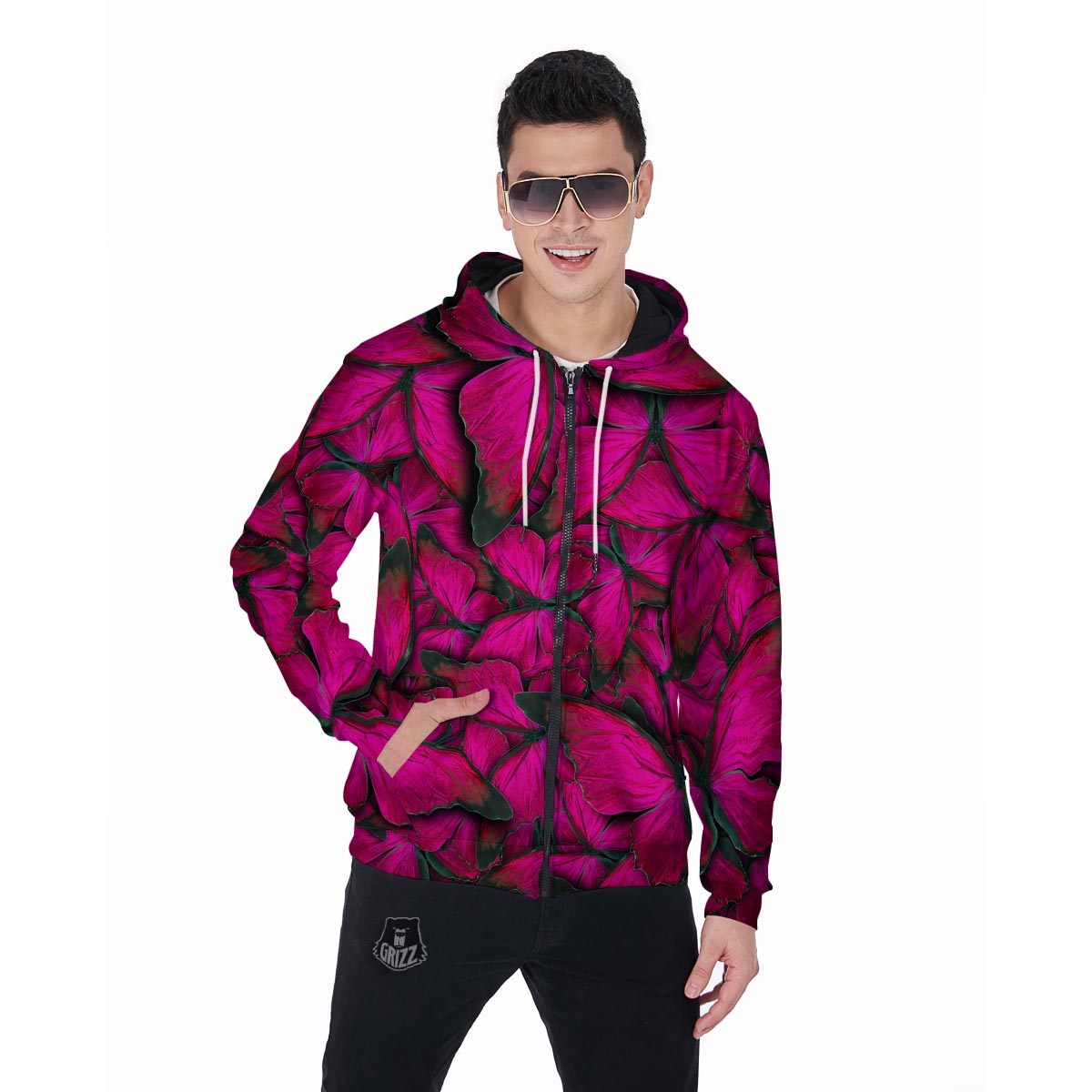 Black Pink Butterfly Print Men's Zip Up Hoodie-grizzshop