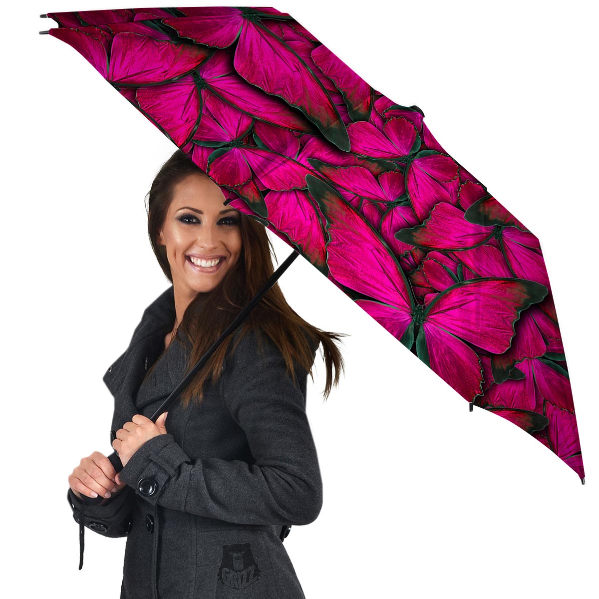 Black Pink Butterfly Print Umbrella-grizzshop