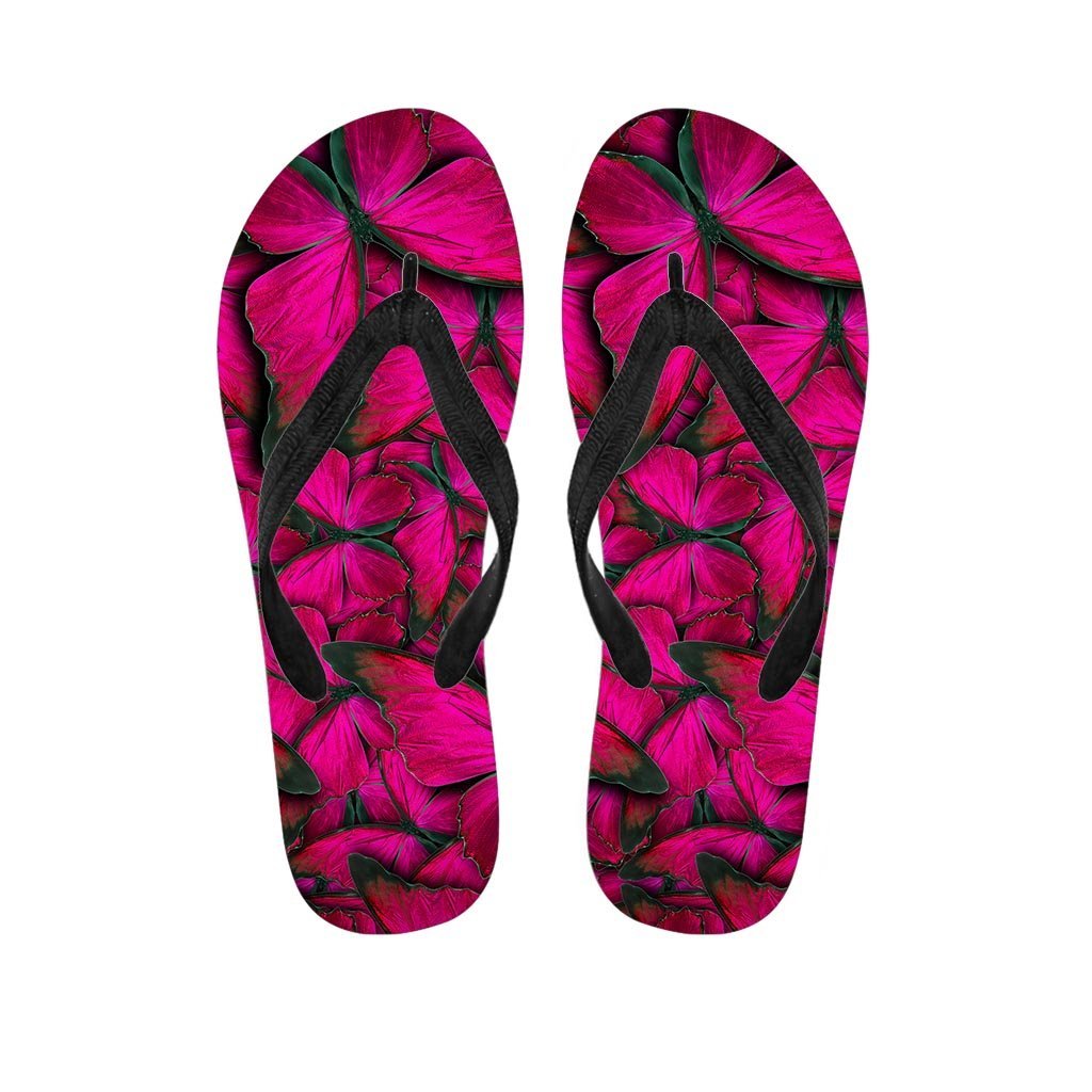 Black Pink Butterfly Print Women's Flip Flops-grizzshop