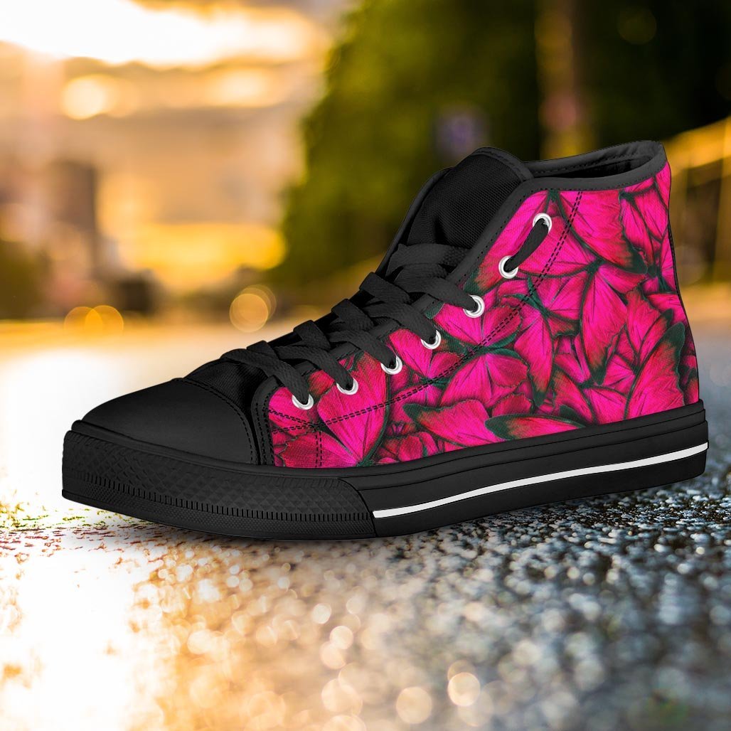 Black Pink Butterfly Print Women's High Top Shoes-grizzshop