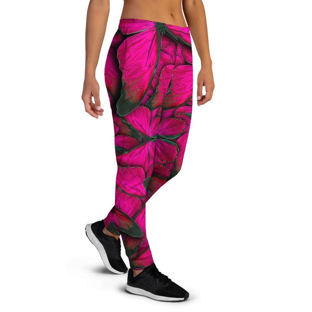 Black Pink Butterfly Print Women's Joggers-grizzshop