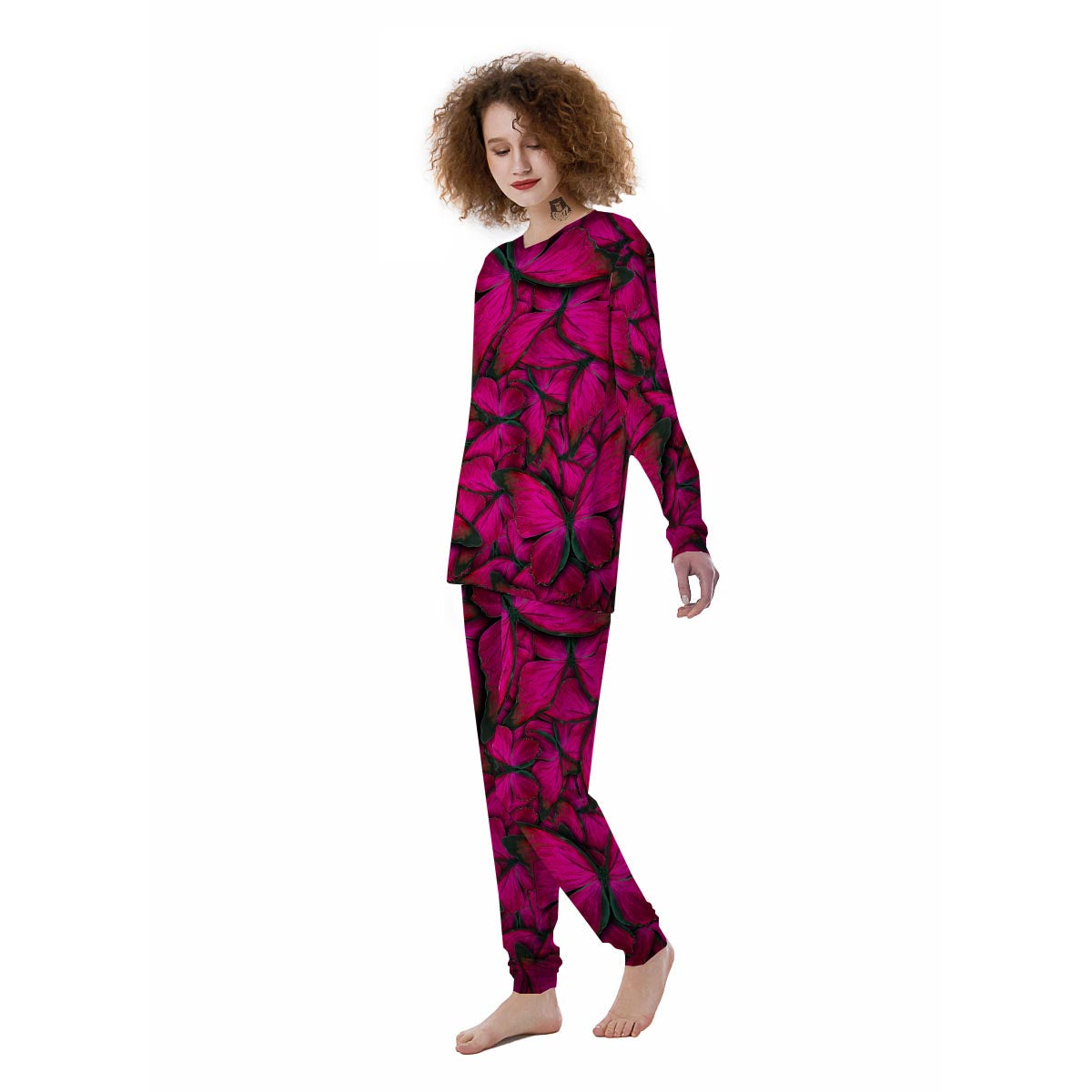 Black Pink Butterfly Print Women's Pajamas-grizzshop