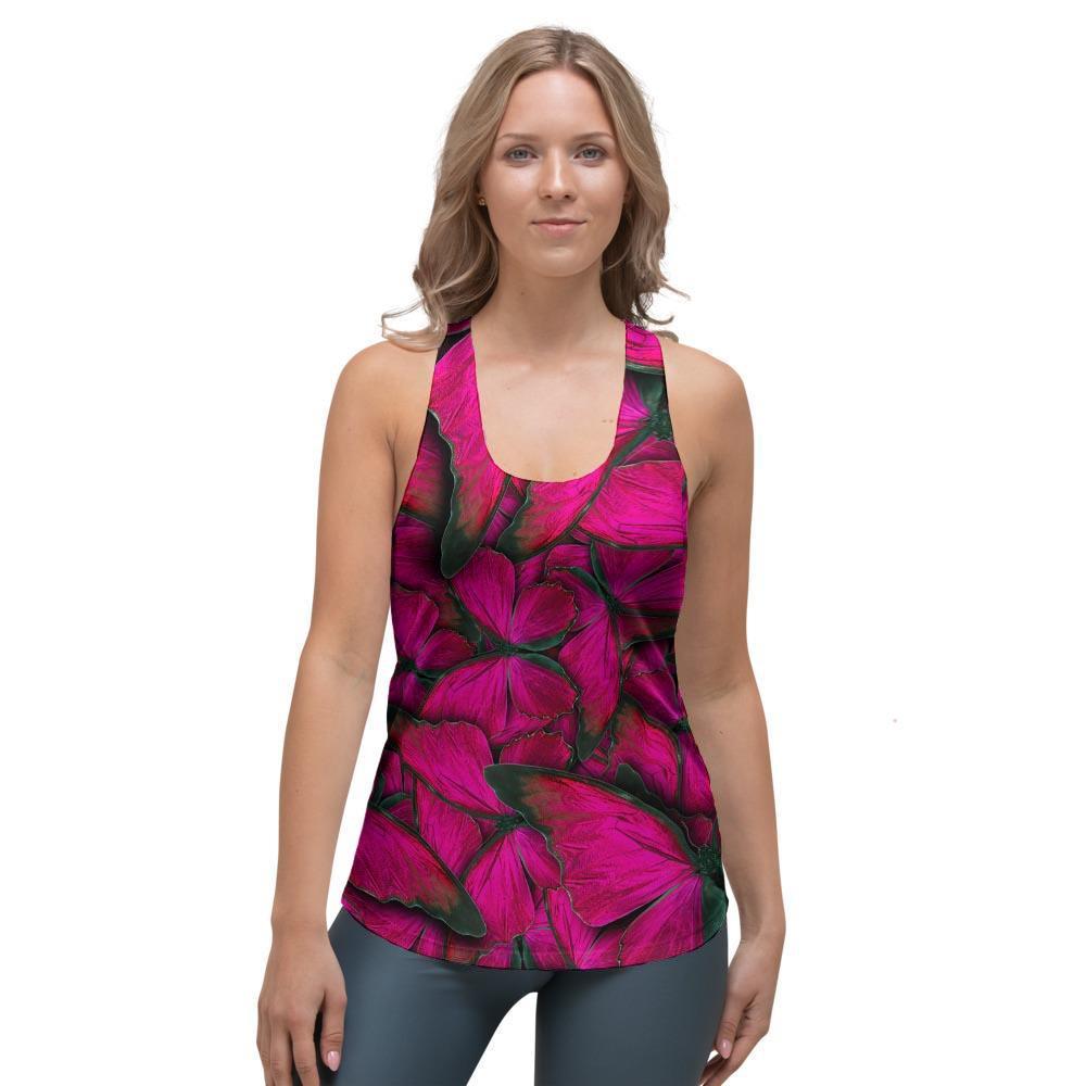 Black Pink Butterfly Print Women's Racerback Tank Top-grizzshop