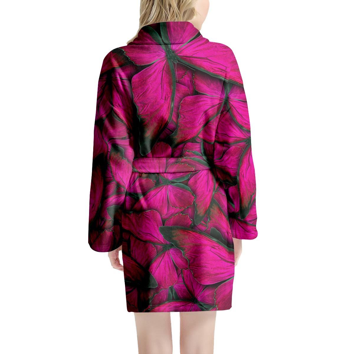 Black Pink Butterfly Print Women's Robe-grizzshop