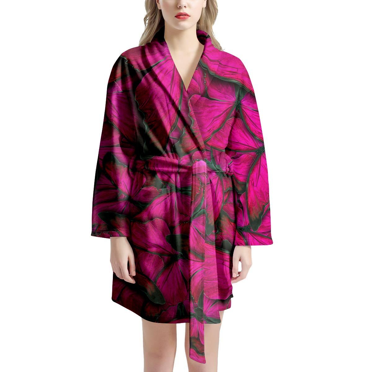 Black Pink Butterfly Print Women's Robe-grizzshop