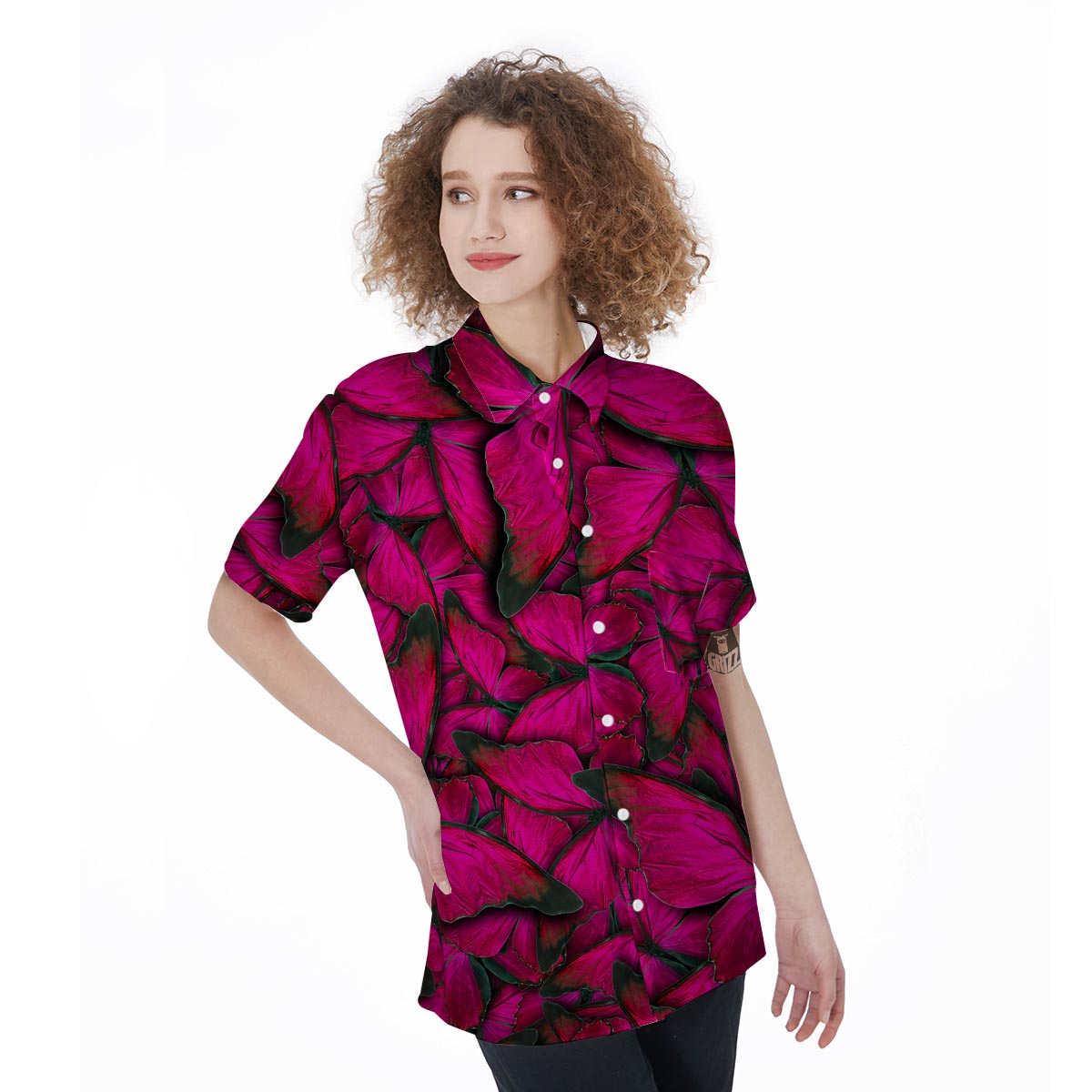 Black Pink Butterfly Print Women's Short Sleeve Shirts-grizzshop