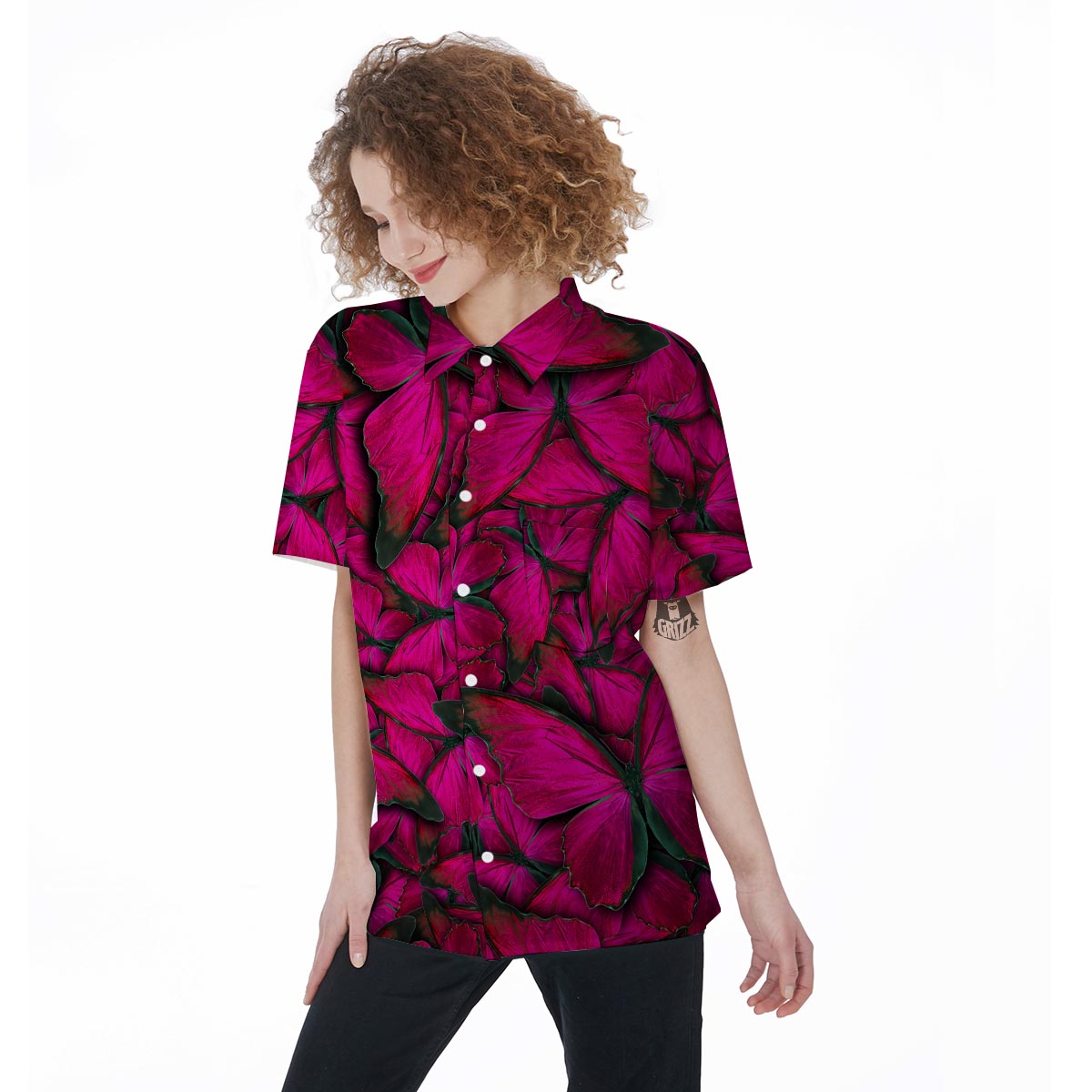 Black Pink Butterfly Print Women's Short Sleeve Shirts-grizzshop