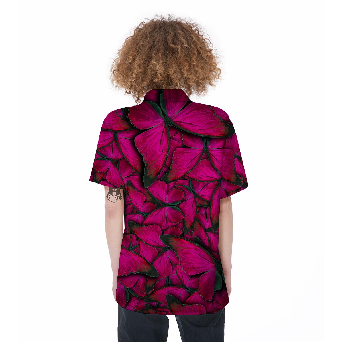 Black Pink Butterfly Print Women's Short Sleeve Shirts-grizzshop