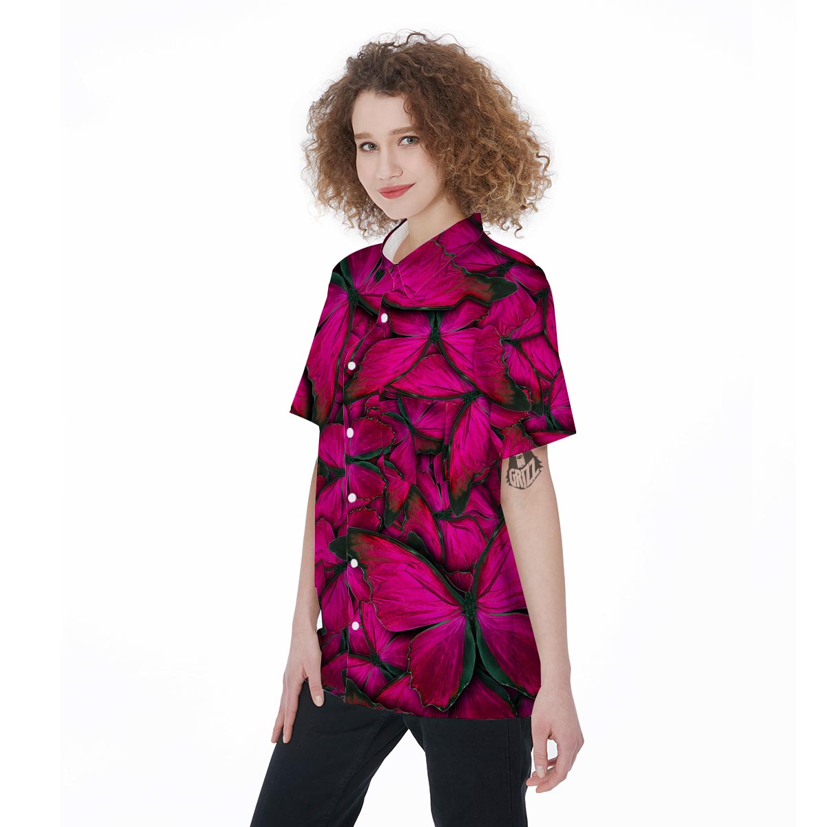 Black Pink Butterfly Print Women's Short Sleeve Shirts-grizzshop