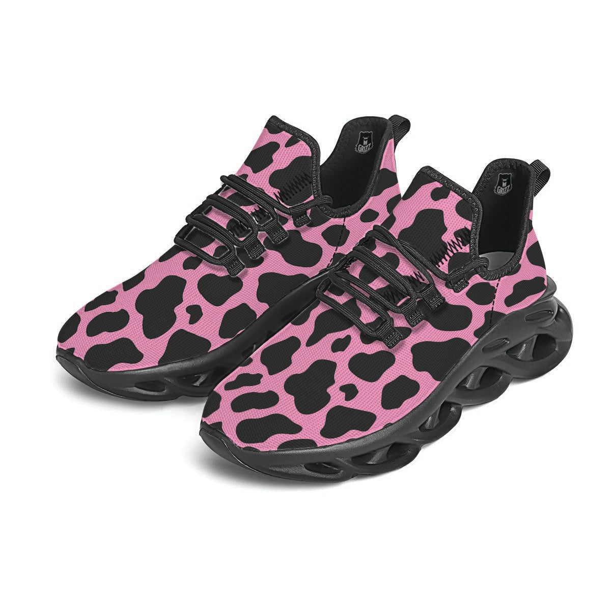 Black Pink Cow Print Black Running Shoes-grizzshop