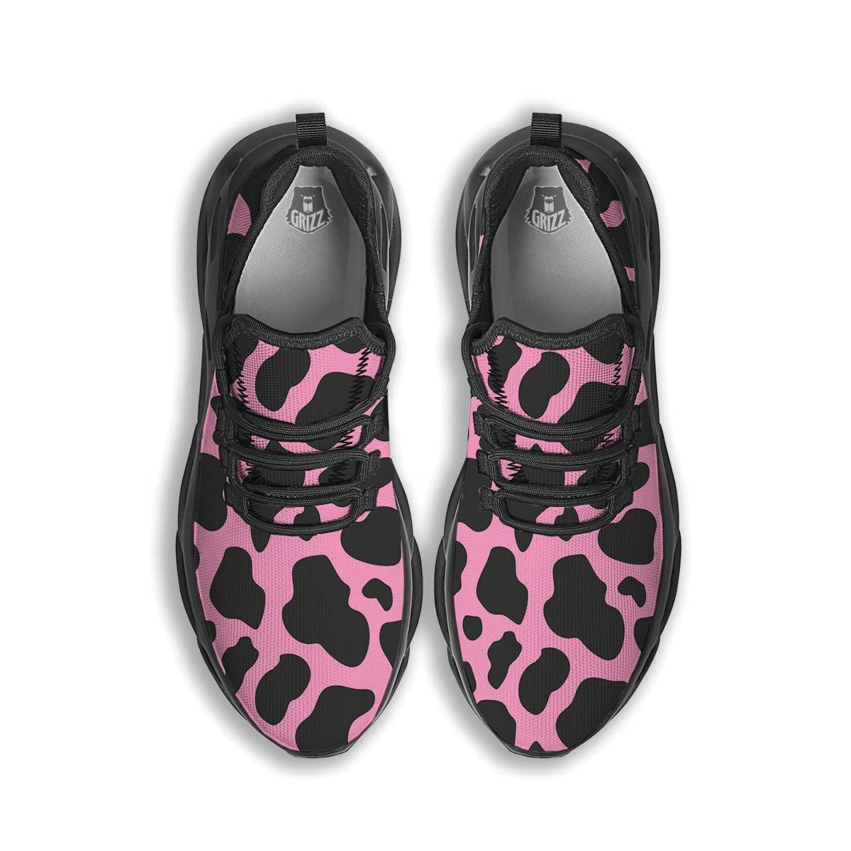 Black Pink Cow Print Black Running Shoes-grizzshop