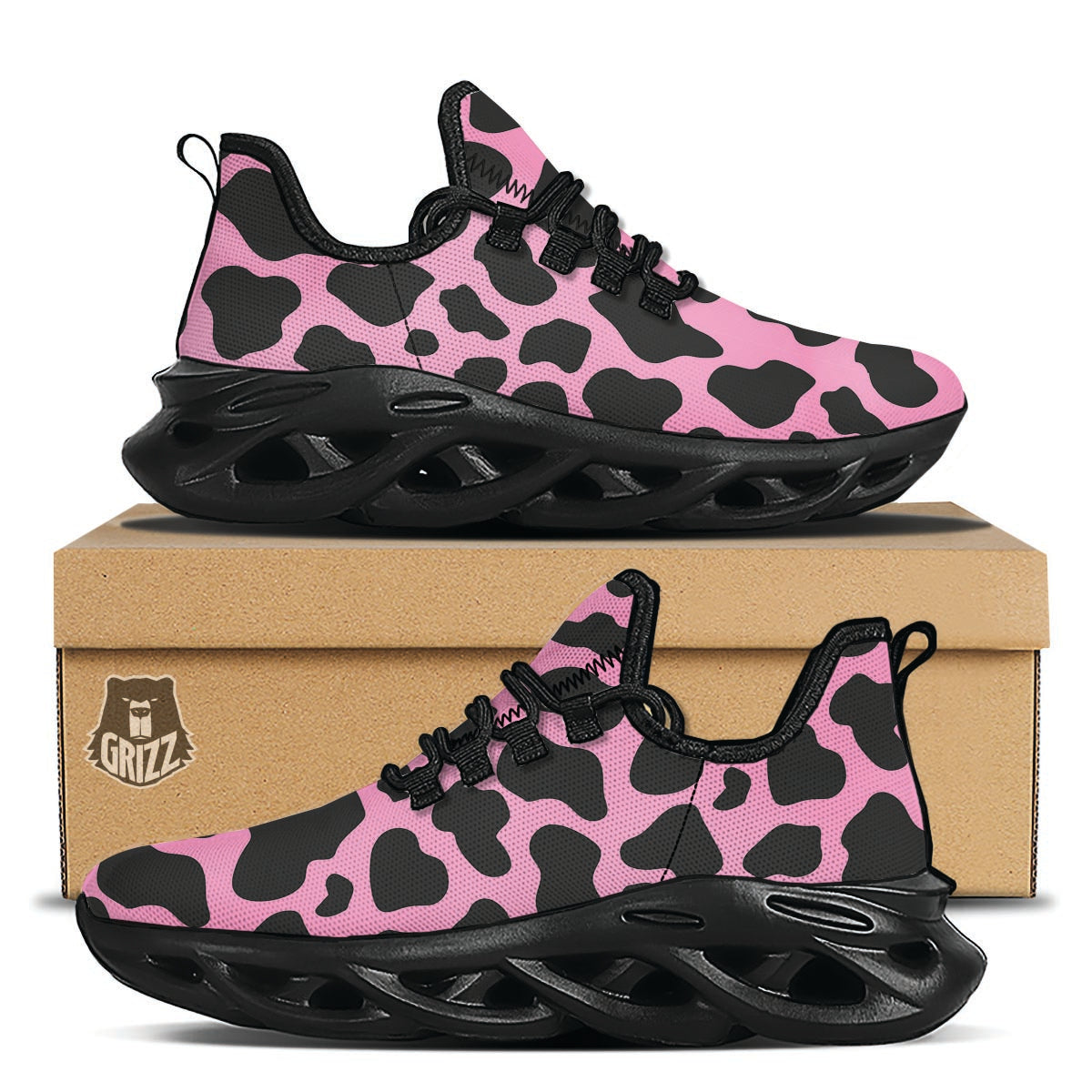 Black Pink Cow Print Black Running Shoes-grizzshop