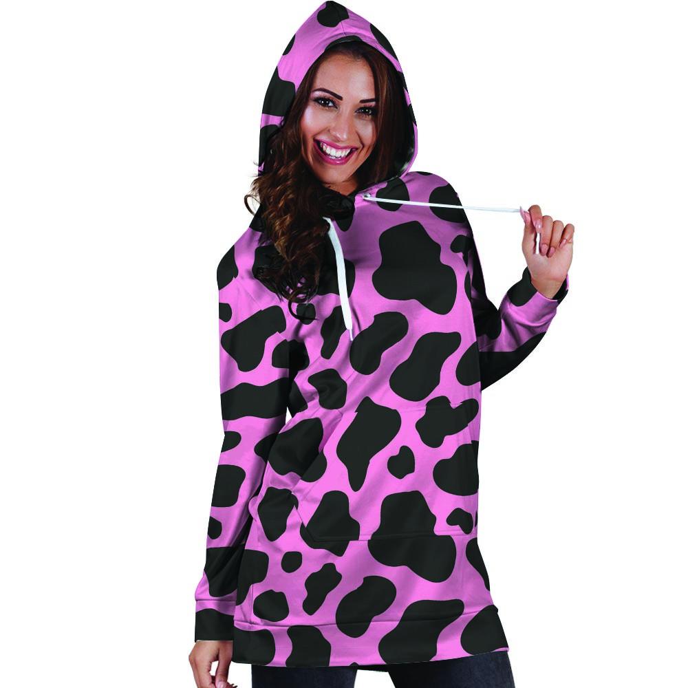 Black Pink Cow Print Hoodie Dress-grizzshop