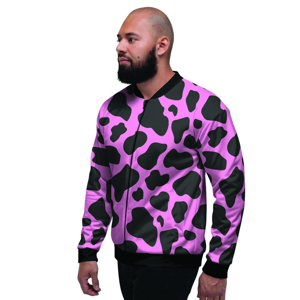 Black Pink Cow Print Men's Bomber Jacket-grizzshop