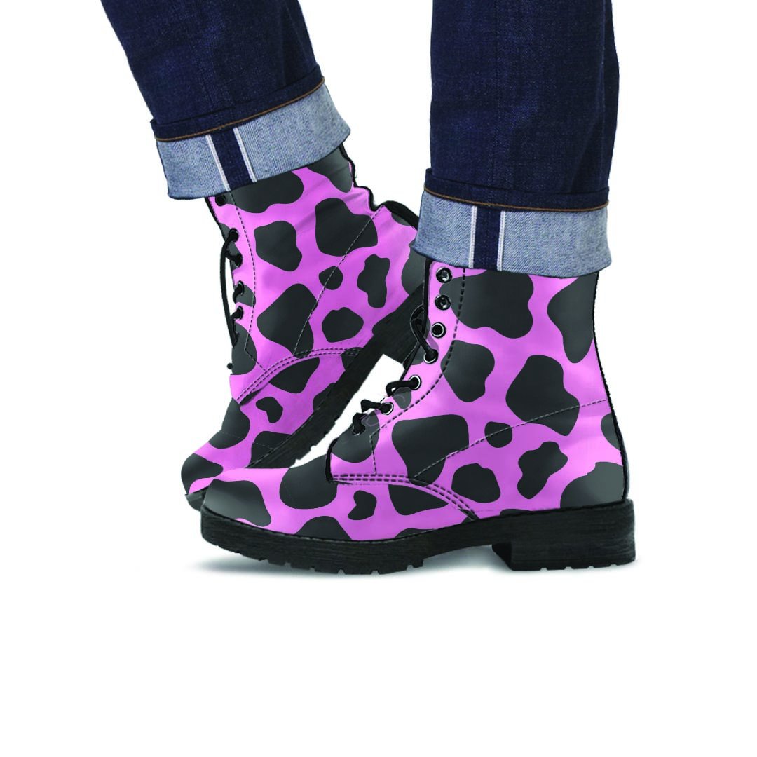 Black Pink Cow Print Men's Boots-grizzshop