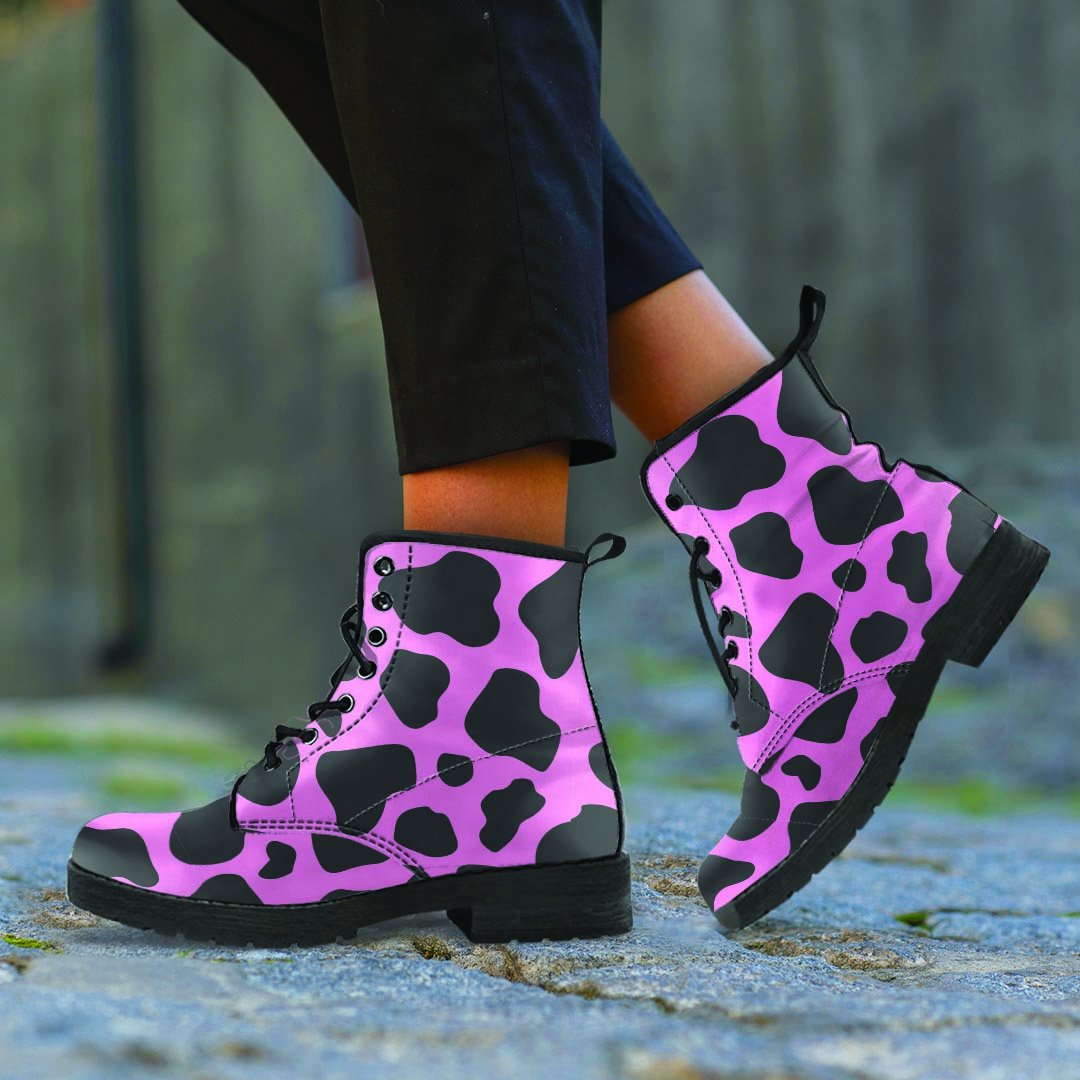 Black Pink Cow Print Men's Boots-grizzshop