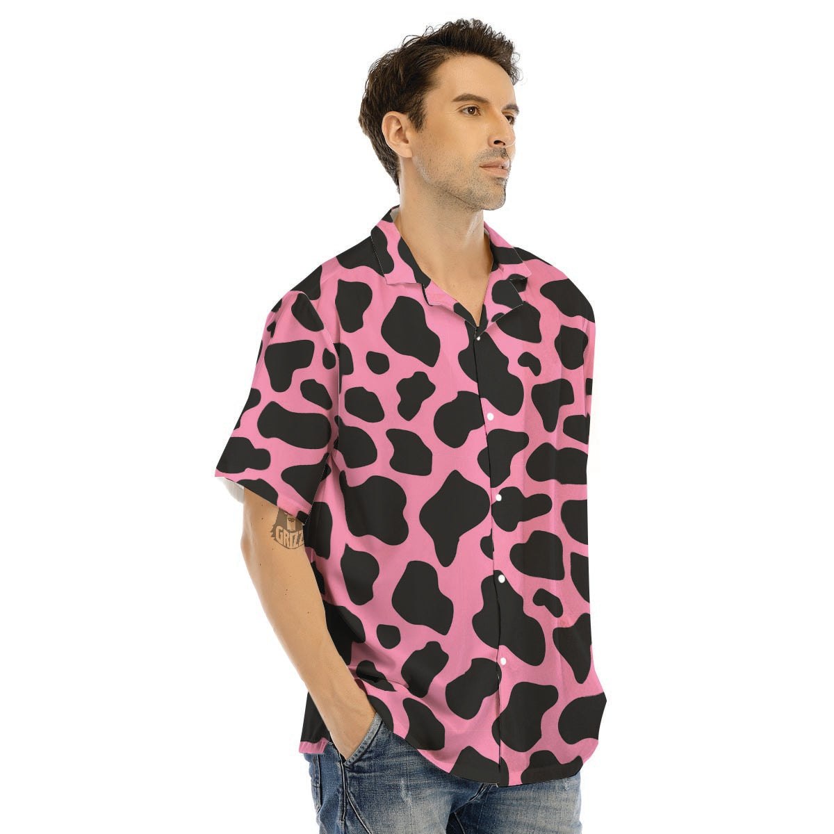 Black Pink Cow Print Men’s Hawaiian Shirt-grizzshop