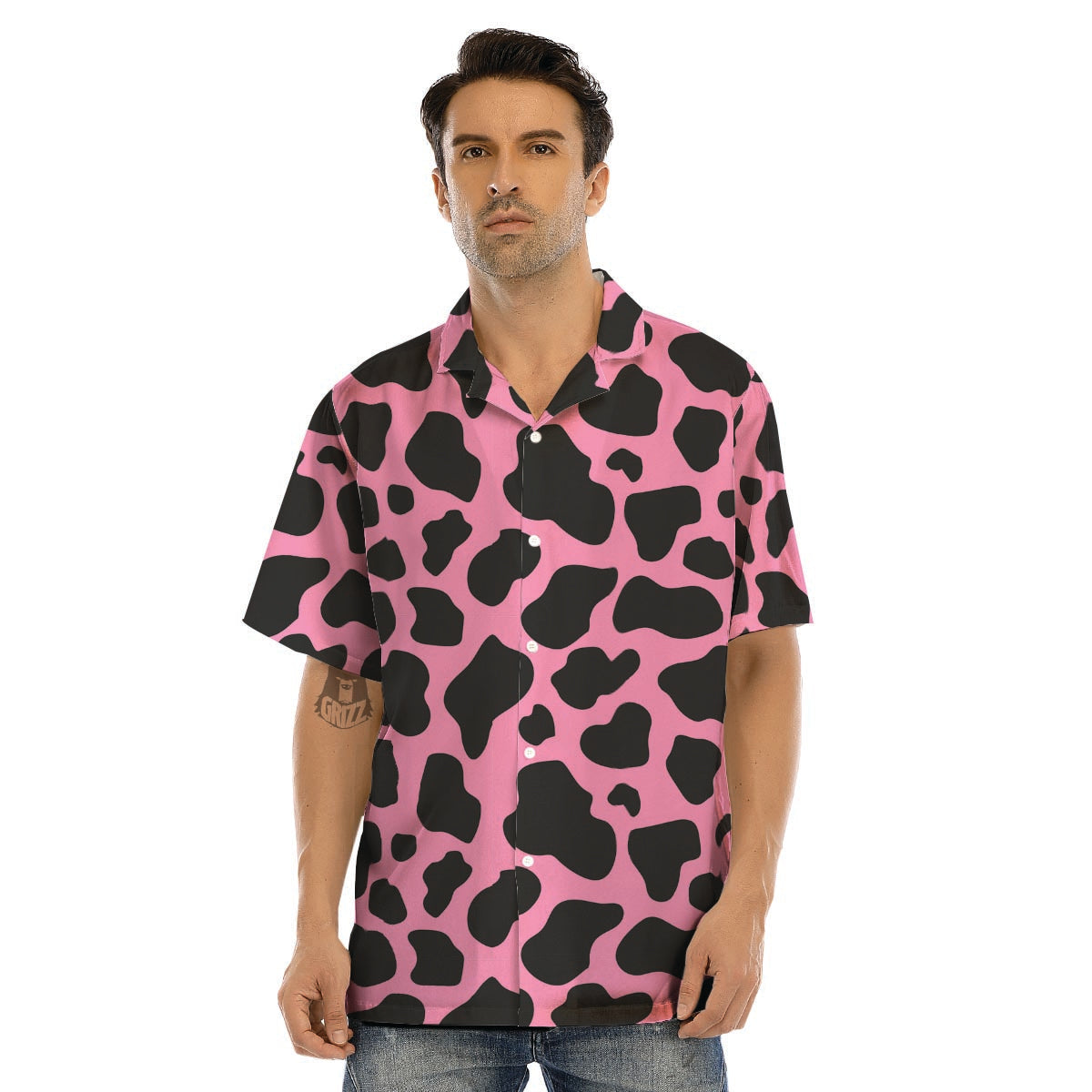 Black Pink Cow Print Men’s Hawaiian Shirt-grizzshop