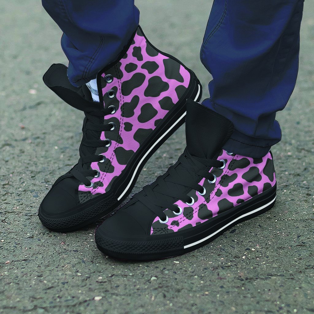 Black Pink Cow Print Men's High Top Shoes-grizzshop