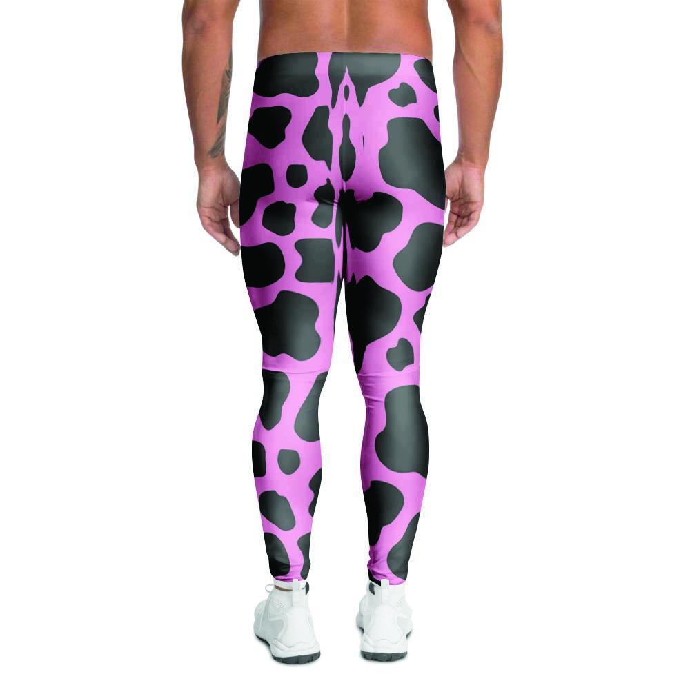 Black Pink Cow Print Men's Leggings-grizzshop