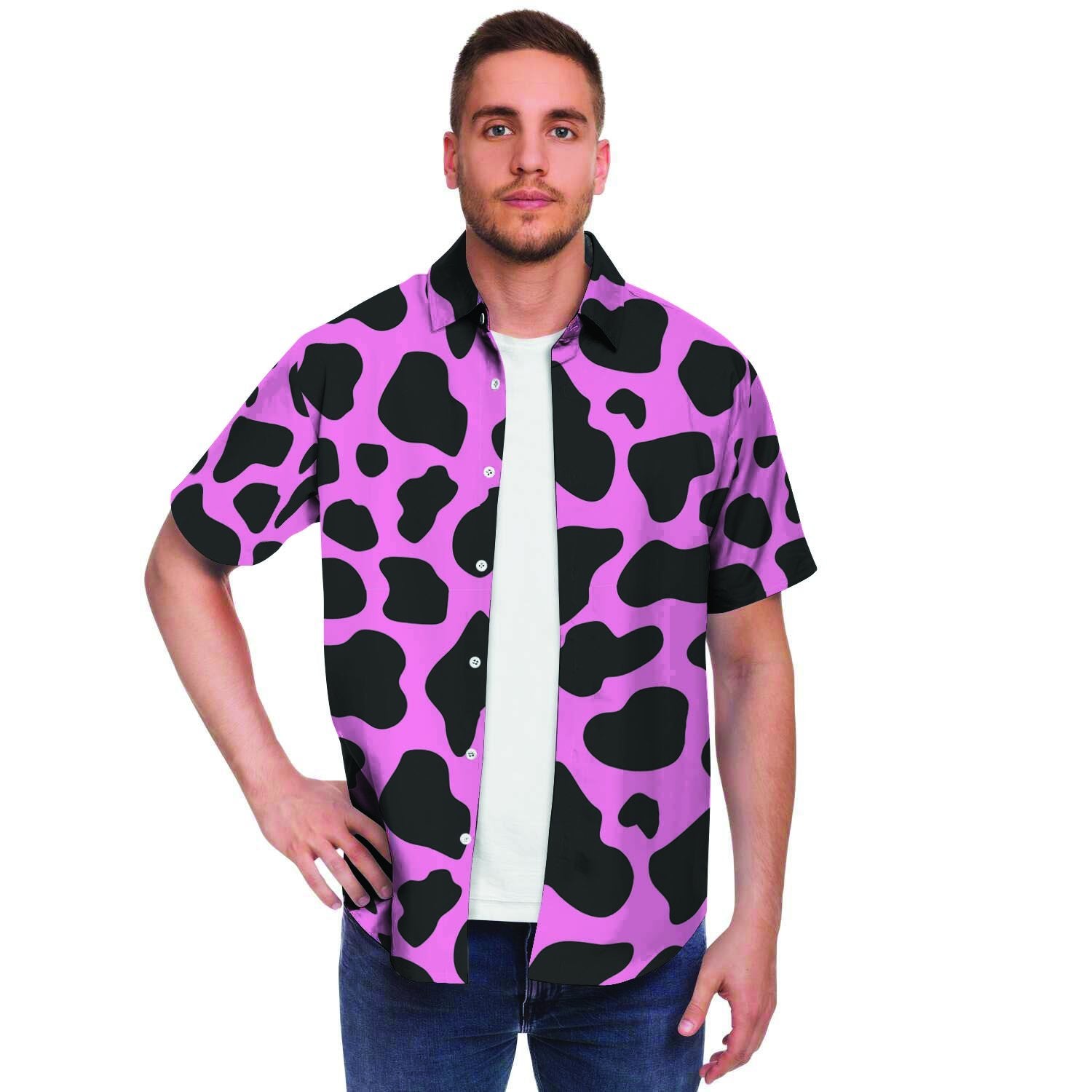 Black Pink Cow Print Men's Short Sleeve Shirt-grizzshop