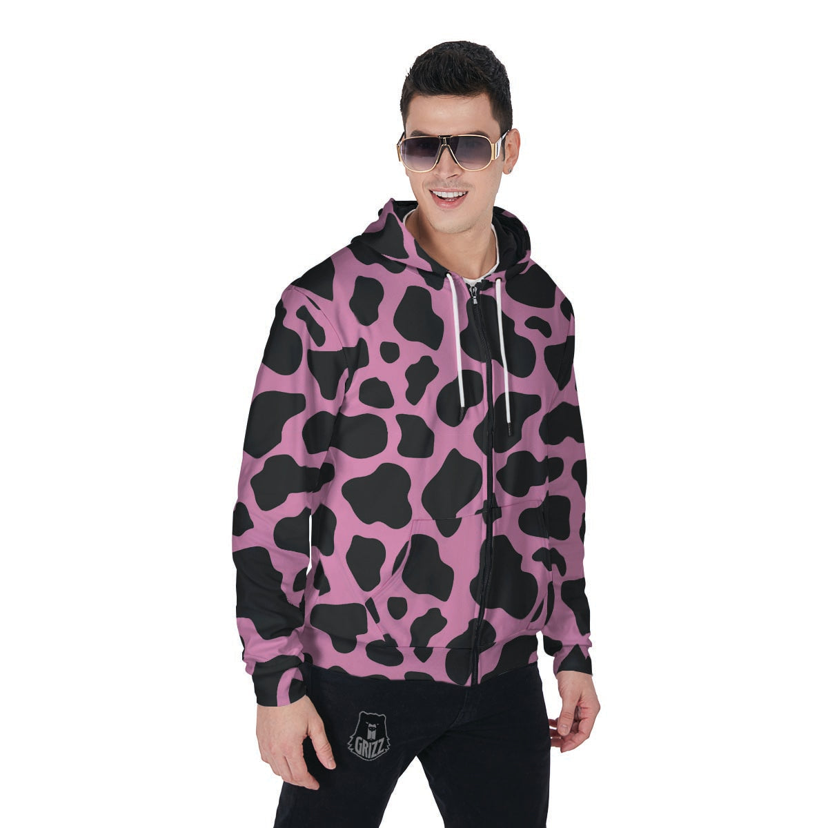 Black Pink Cow Print Men's Zip Up Hoodie-grizzshop