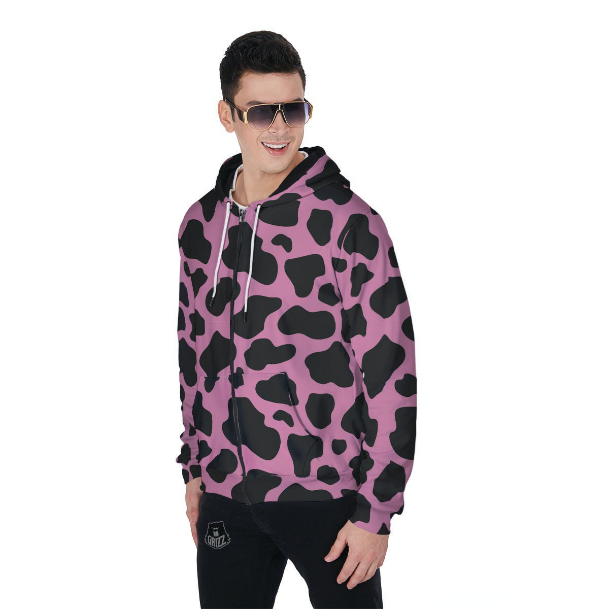 Black Pink Cow Print Men's Zip Up Hoodie-grizzshop