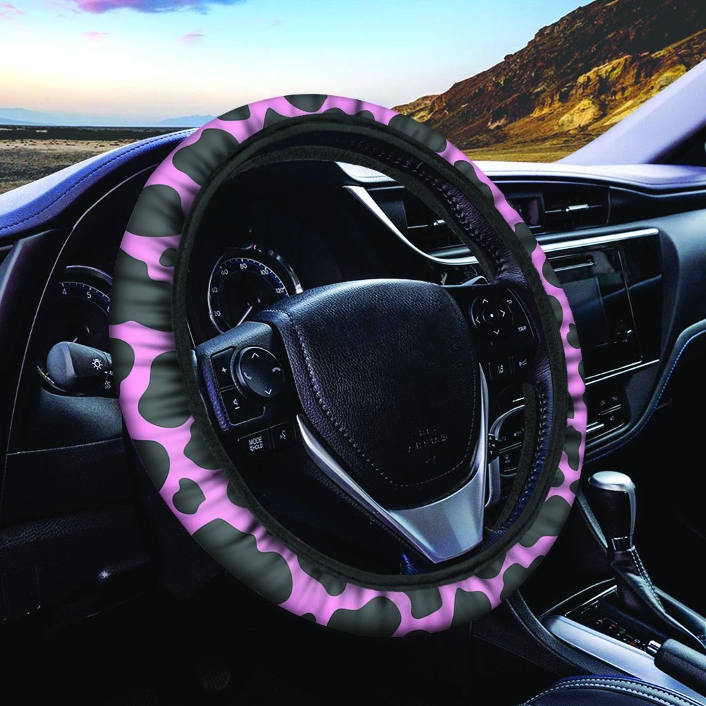 Black Pink Cow Print Steering Wheel Cover-grizzshop