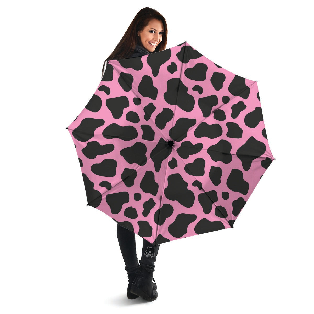 Black Pink Cow Print Umbrella-grizzshop