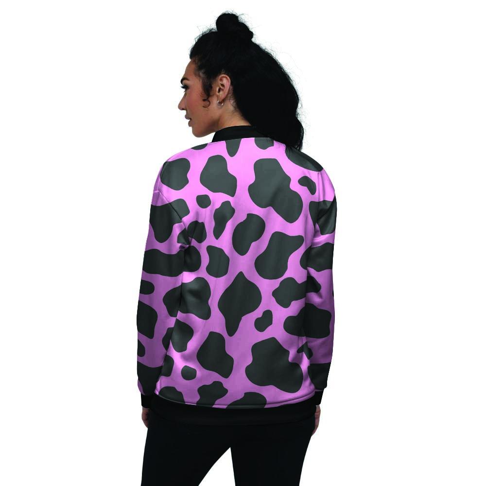Black Pink Cow Print Women's Bomber Jacket-grizzshop