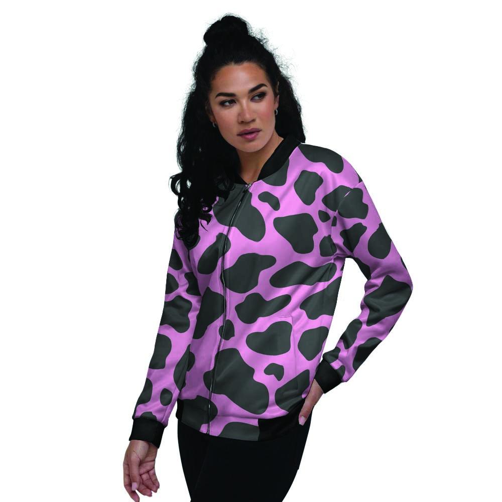 Black Pink Cow Print Women's Bomber Jacket-grizzshop