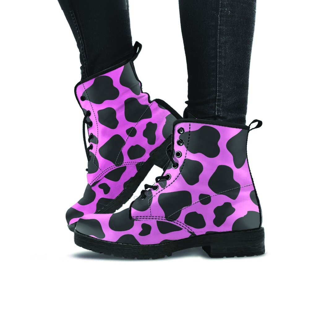 Black Pink Cow Print Women's Boots-grizzshop