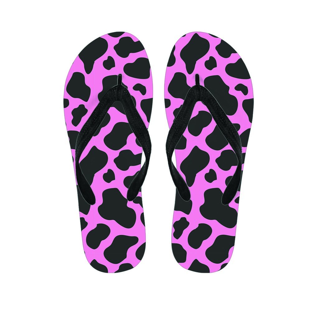 Black Pink Cow Print Women's Flip Flops-grizzshop