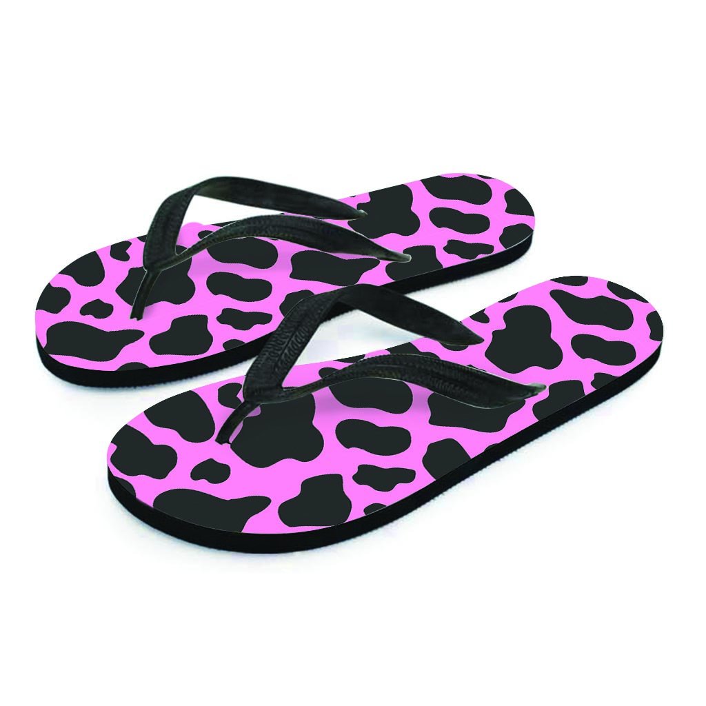 Black Pink Cow Print Women's Flip Flops-grizzshop