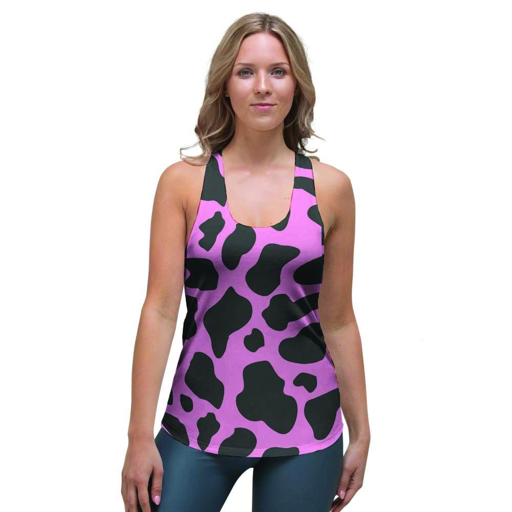 Black Pink Cow Print Women's Racerback Tank Top-grizzshop