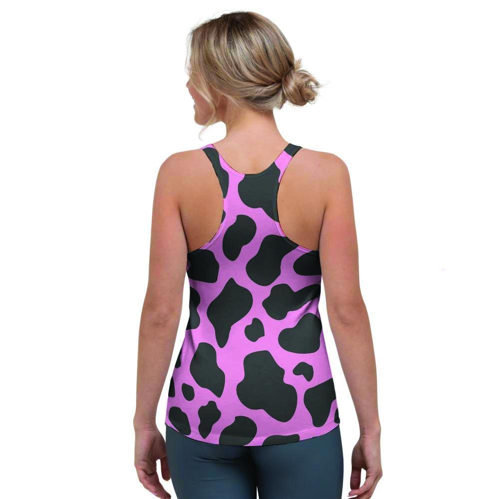 Black Pink Cow Print Women's Racerback Tank Top-grizzshop